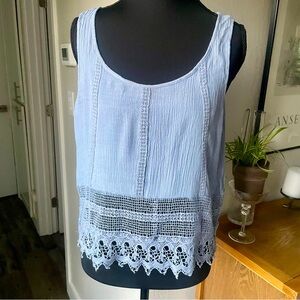 Elodie crepe crop tank top with lace trim bottom in blue- size medium